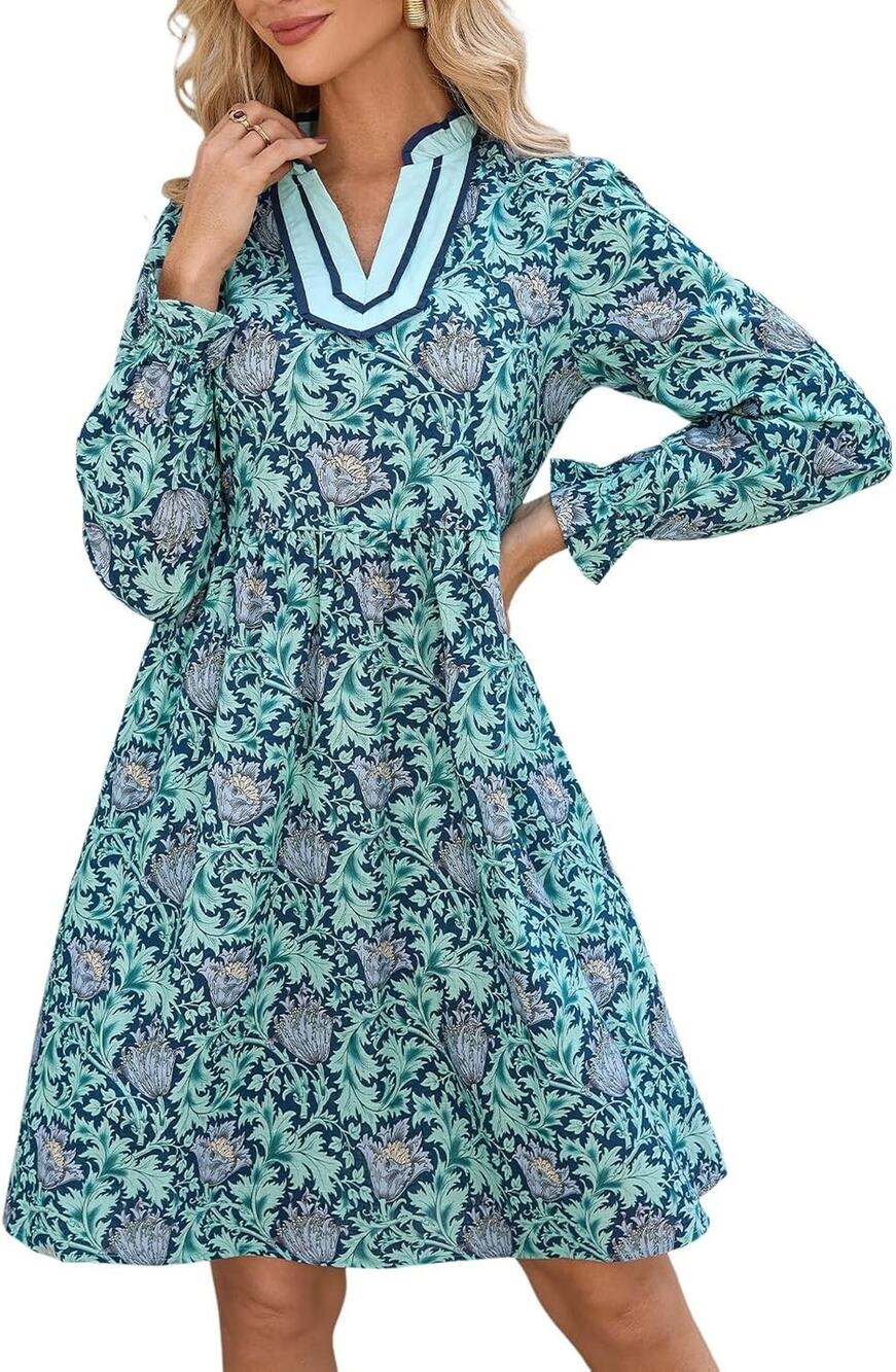 Blue Floral Mini Dress V Neck Long Puff Sleeve Boho Ruffle Collar Medium